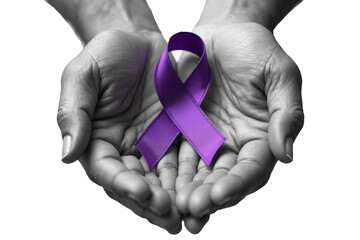 Cupped hands present a purple ribbon, symbolizing support for Alzheimer's awareness and pancreatic cancer, on a grayscale background. Ideal for health advocacy and awareness campaigns