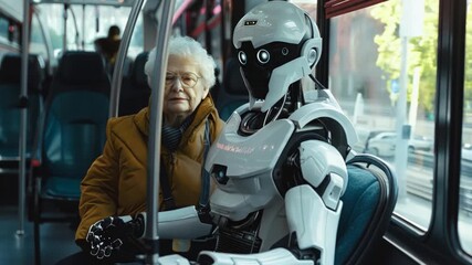 A senior woman and a humanoid robot sit together on a city bus during a quiet afternoon commute, showcasing a blend of technology and humanity