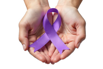 Hands carefully holding a purple ribbon, symbolizing support and awareness for a variety of causes, against a light background