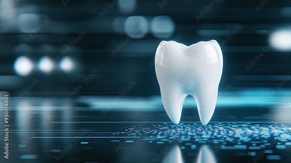 Aufkleber a glowing blue holographic representation of a tooth is set against a dark background filled with ab