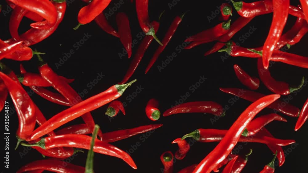 Aufkleber super slow motion of flying and rotating red chilli peppers on black background. filmed on high spee