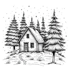 A cabin in a snow-covered coniferous forest. Hunting cabin surrounded by trees. A lonely wooden house in a secluded place. Black and white drawing. Illustration for varied design.