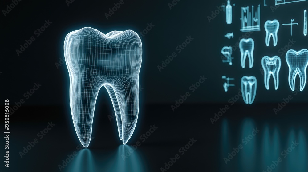 Aufkleber a glowing blue holographic representation of a tooth is set against a dark background filled with ab