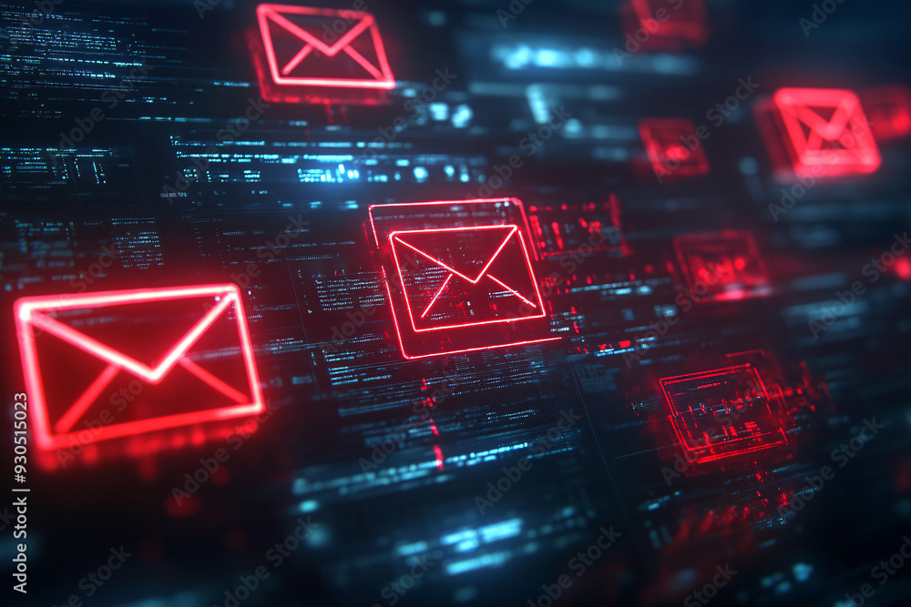 Poster a computer screen with many red and blue letters and shapes
