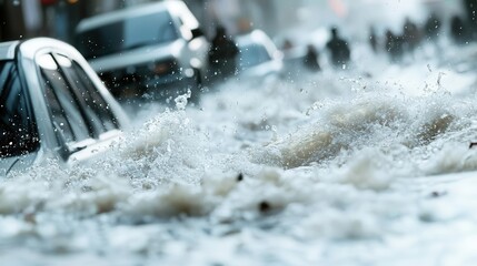 Rushing crowds fleeing rising tidal wave, submerged streets, chaotic evacuation, tsunami disaster in motion, photo realistic