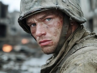 Fototapeta premium Shell-shocked soldier in torn uniform, distant explosions, haunted eyes, ruins of war-torn city, raw emotional trauma, photo realistic.