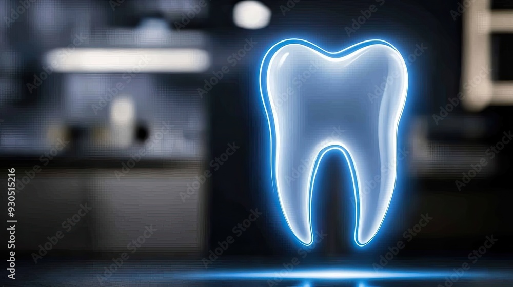 Aufkleber a glowing blue holographic representation of a tooth is set against a dark background filled with ab