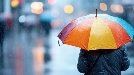 A person stands with a multicolored umbrella amidst the rain, their back facing a blurred city street filled with bright, bokeh lights, suggesting a cold and wet evening.