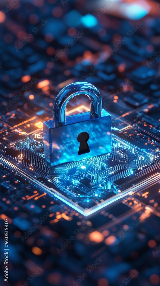 Poster padlock securing a futuristic circuit board protecting sensitive data
