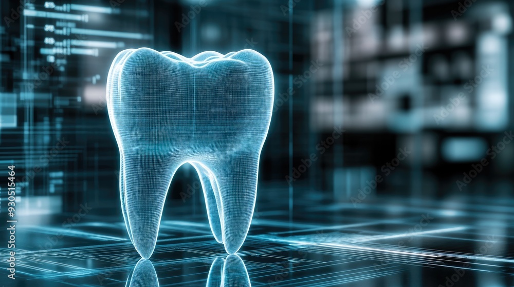 Aufkleber a glowing blue holographic representation of a tooth is set against a dark background filled with ab