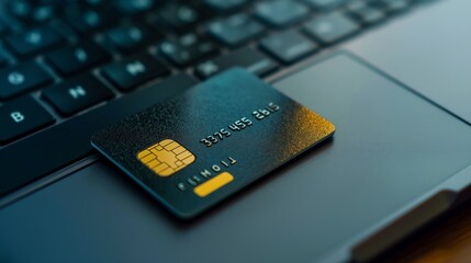 A card with a chip lying next to a laptop, symbolizing online payments