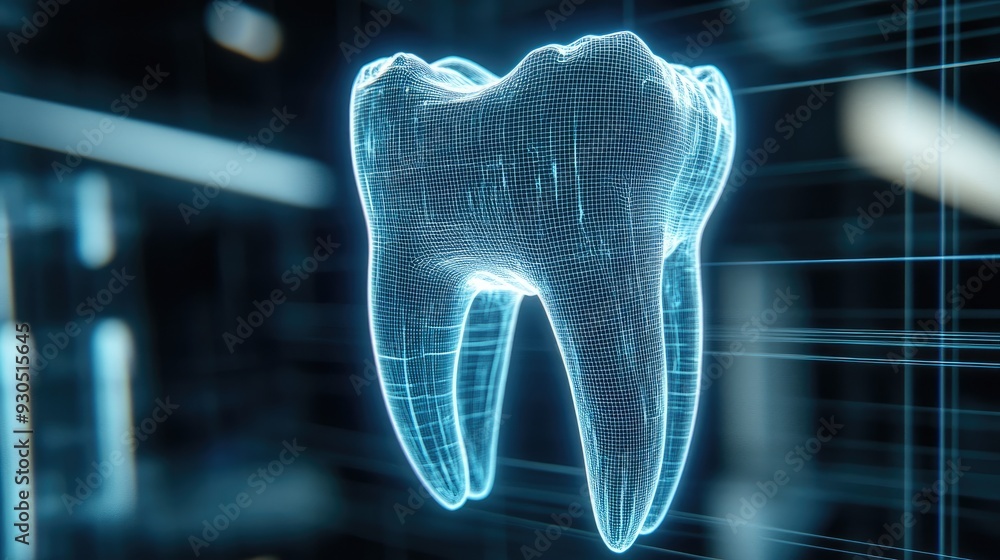 Aufkleber a glowing blue holographic representation of a tooth is set against a dark background filled with ab