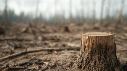 Fototapeta premium The clear-cut forest with tree stumps and barren land reveals a stark image of deforestation and habitat loss, forcing displaced wildlife to search for shelter in a photo realistic portrayal.