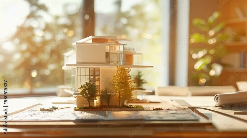 Poster a finely crafted architectural house model sits on a desk surrounded by blueprints and natural light