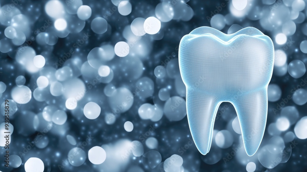 Aufkleber a glowing blue holographic representation of a tooth is set against a dark background filled with ab
