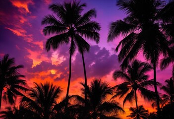 vibrant palm fronds silhouetted stunning sunset rich colors warm tones sky, tropical, orange, pink, purple, evening, landscape, light, outdoor, leaf, foliage