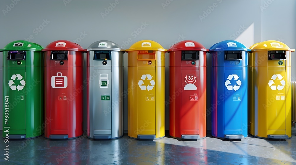 Poster innovative color coded recycling bins with smart technology for efficient waste management