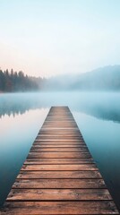 Wooden pier stretching into still misty lake on a foggy morning
