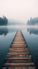 Naklejka premium Wooden pier leading through foggy lake in the morning