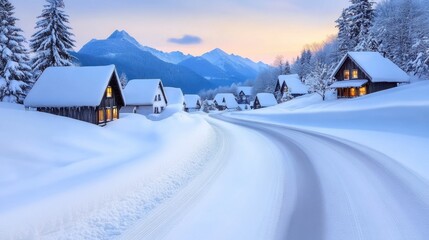 A snowy road leading to a small village with snow covered houses, AI