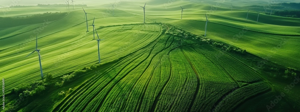 Wall mural windmills in a green field, aerial view. copy space. green ecology landscape background