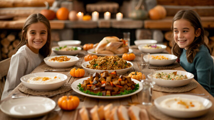 Fototapeta premium Joyful thanksgiving dinner with family and traditional autumnal dishes around the table