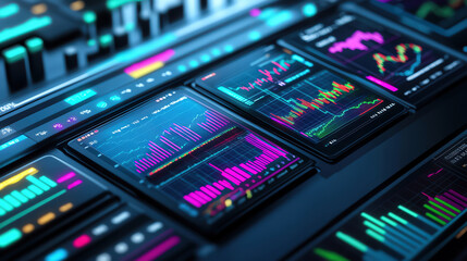 Obraz premium Stylish digital dashboard showcasing colorful financial charts and graphs for analytical insights and data visualization.