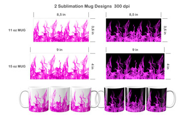 Set of 2 fire patterns on white and black background. Sublimation templates for 11 oz and 15 oz coffee mug.
