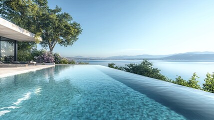 Fototapeta premium Luxury infinity swimming pool overlooking a calm blue lake and distant mountains under a clear sky.