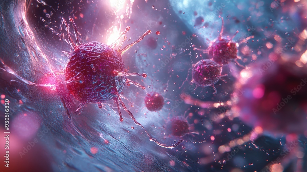 Poster nanobots interact with microscopic entities, illustrating advanced technology working to combat path