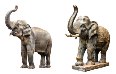 Obraz premium Set of an elephant statue with its trunk raised isolated on transparent background.