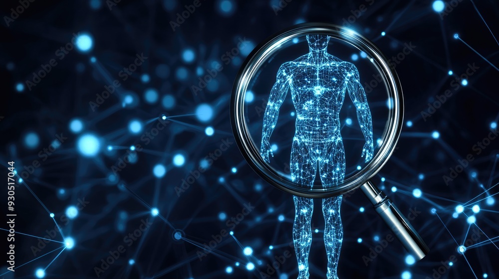 Poster a magnifying glass highlights a person icon amidst a network of digital connections, illustrating co