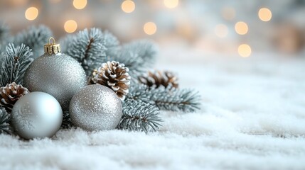 Obraz premium Silver christmas baubles and pine branches lying on the snow with blurred lights in the background