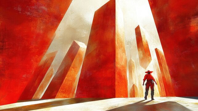 Abstract surreal painting of figure walking among giant red structures