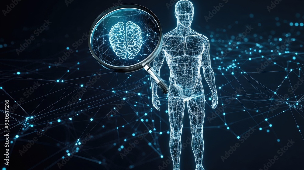 Poster a magnifying glass highlights a person icon amidst a network of digital connections, illustrating co