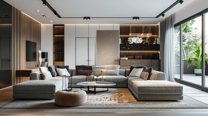 Obraz premium modern living room 3D rendering , 3D living room interior , living room 3D visualization , 3D modern living room design