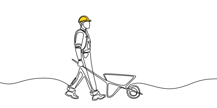 One line drawing of a construction worker with a wheelbarrow. Minimalist continuous line art of a builder and construction equipment. Vector illustration.