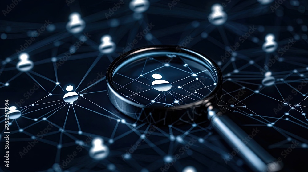 Poster a magnifying glass highlights a person icon amidst a network of digital connections, illustrating co