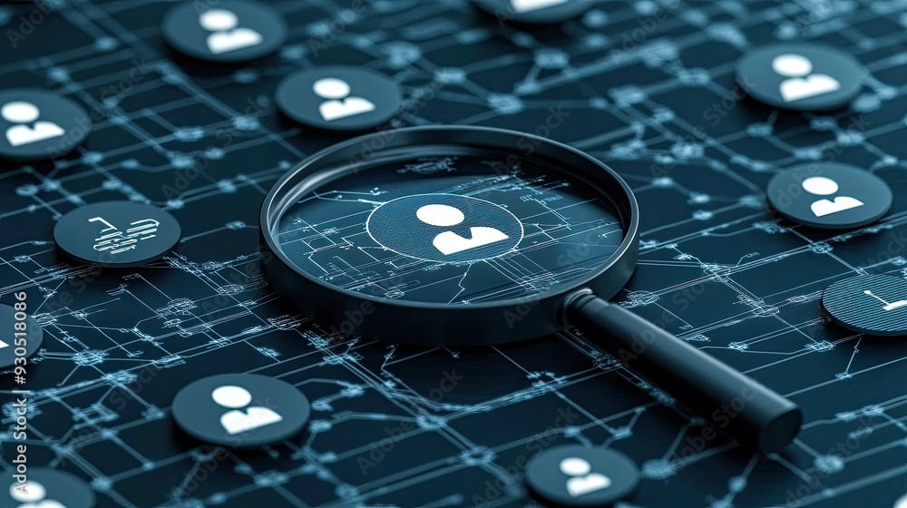 Poster a magnifying glass highlights a person icon amidst a network of digital connections, illustrating co