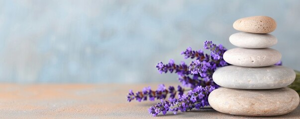 Balanced stack of smooth zen stones surrounded by purple lavender flowers, evoking tranquility and relaxation in a serene setting.