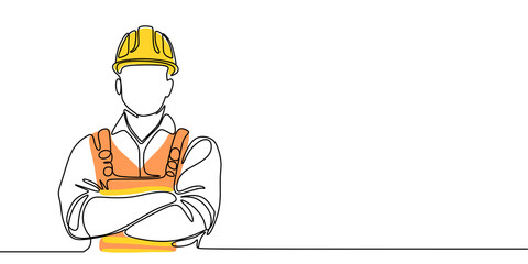 Single continuous line drawing of young construction worker. Building architecture business concept. One line draw design transparent background	