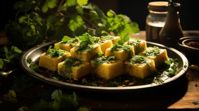 Dhokla with Mint Chutney. Best For Banner, Flyer, and Poster