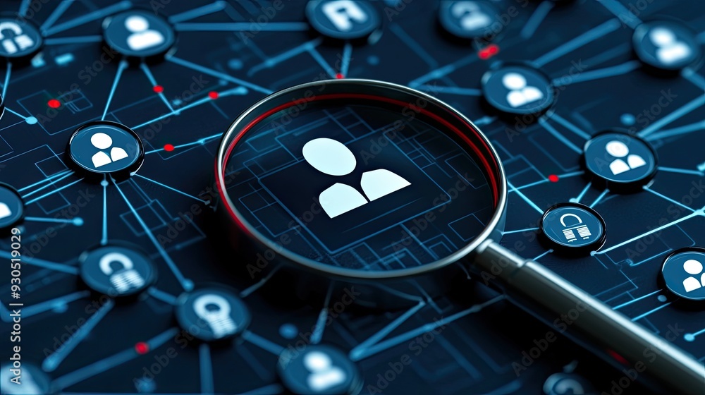 Poster a magnifying glass highlights a person icon amidst a network of digital connections, illustrating co