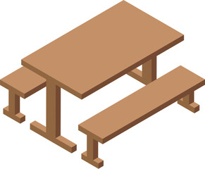 This isometric icon features a classic wooden picnic table, perfect for illustrating outdoor dining and recreation