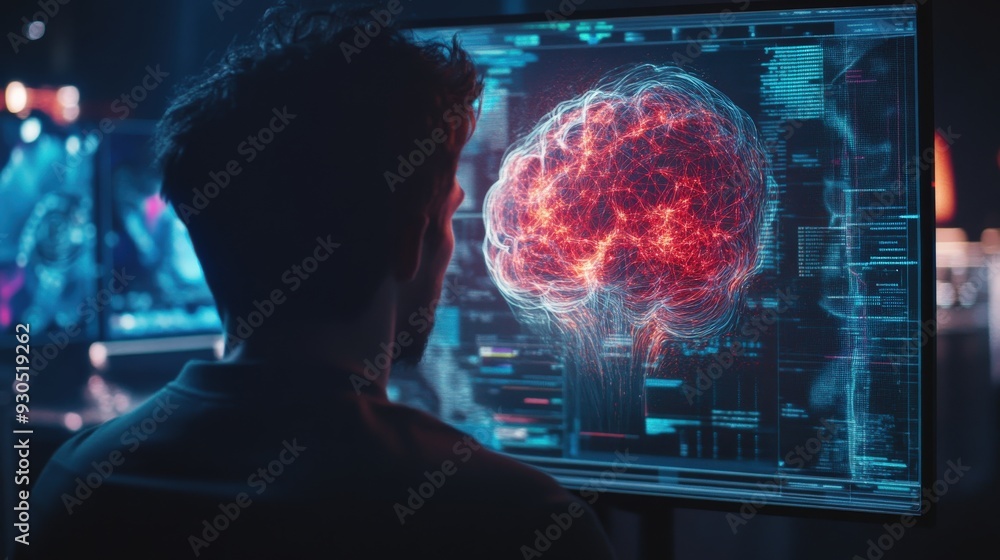 Poster a person interacts with a digital brain interface, surrounded by data visualizations in a dimly lit 