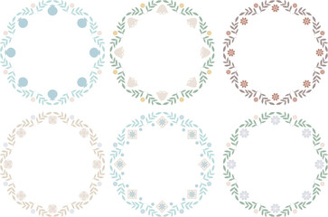 Set of decorative round floral frames with copy space. Folk flourish wreath in Scandinavian style