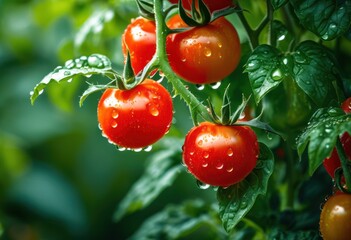 close vibrant tomato plant glistening water droplets lush green leaves, garden, horticulture, agriculture, fresh, organic, growth, flora, macro, vegetables