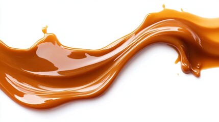 Liquid caramel sauce flowing on white background
