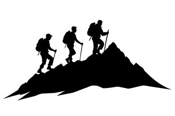 Group of Three Hikers Ascending a Rugged Rocky Hill, Vector Illustration, Outdoor Adventure