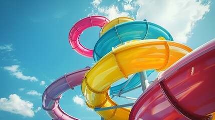 Colorful water slides twisting under a blue sky, perfect for summer fun and leisure activities.